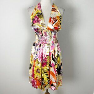 Y2K Cache Tropical Floral Bubble Hem Dress Halter Summer Size 6 Women's